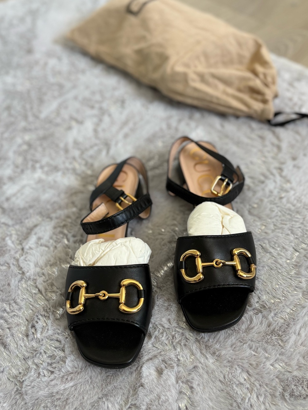 Gucci Black Leather Sandals with Gold Horsebit Detail